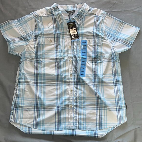 Eddie Bauer Short Sleeve Adventure Shirt Blue Striped - Size L - Picture 1 of 9